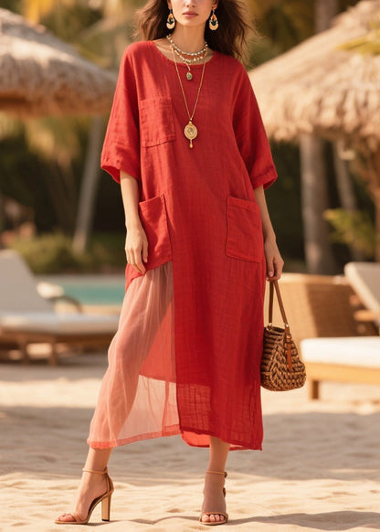 Red Oversized Tulle Patchwork Pockets Cotton Dress Summer