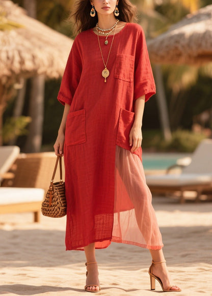 Red Oversized Tulle Patchwork Pockets Cotton Dress Summer
