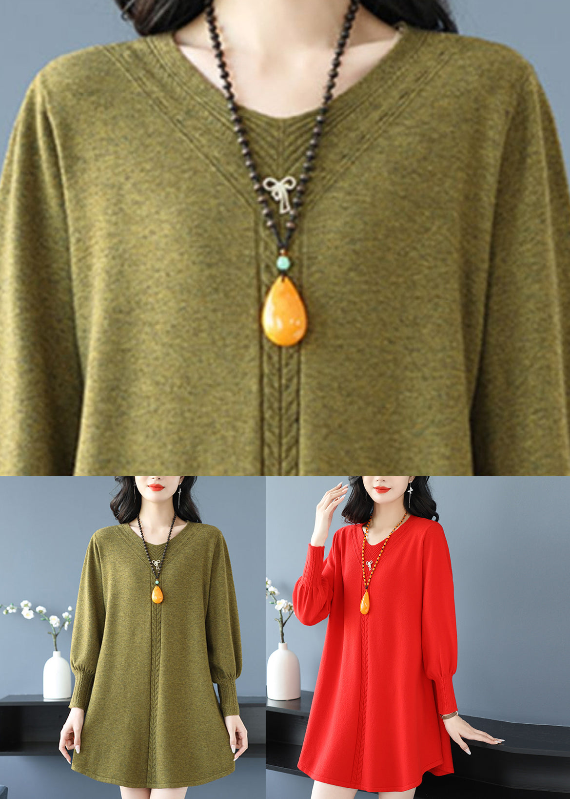 Red Patchwork Thick Cotton Knitted Sweaters Winter