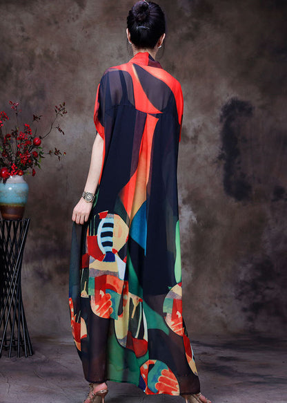 Red Print Asymmetrical Design Chiffon Beach Dress and Spaghetti Strap Dress Two Pieces Set Summer