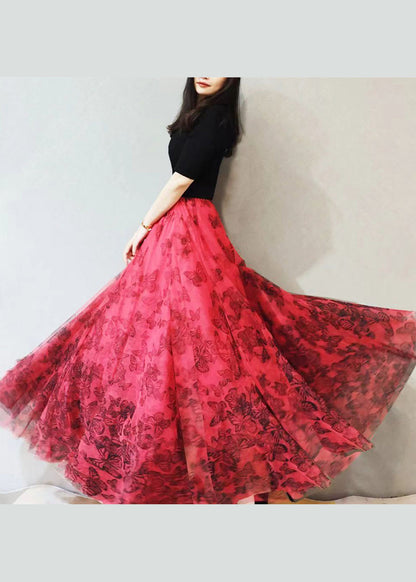 Red Print High Waist Exra Large Hem Tulle Skirts Spring