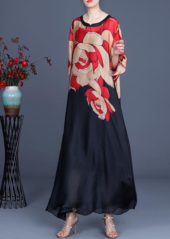 Mountain River Pattern Print O-neck Chiffon Summer Dress
