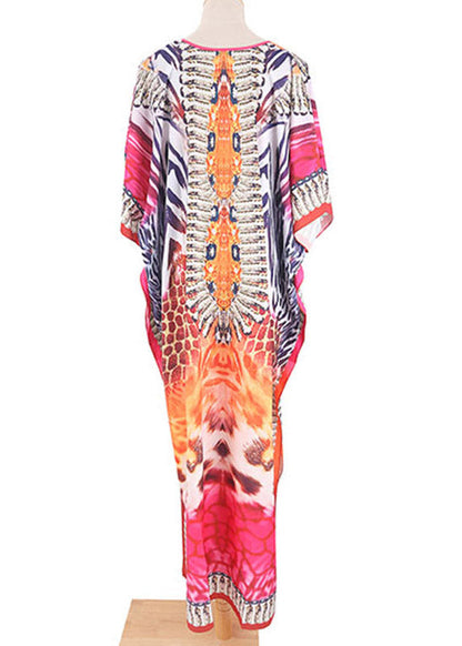 Red Print Side Open Maxi Holiday Dress Short Sleeve