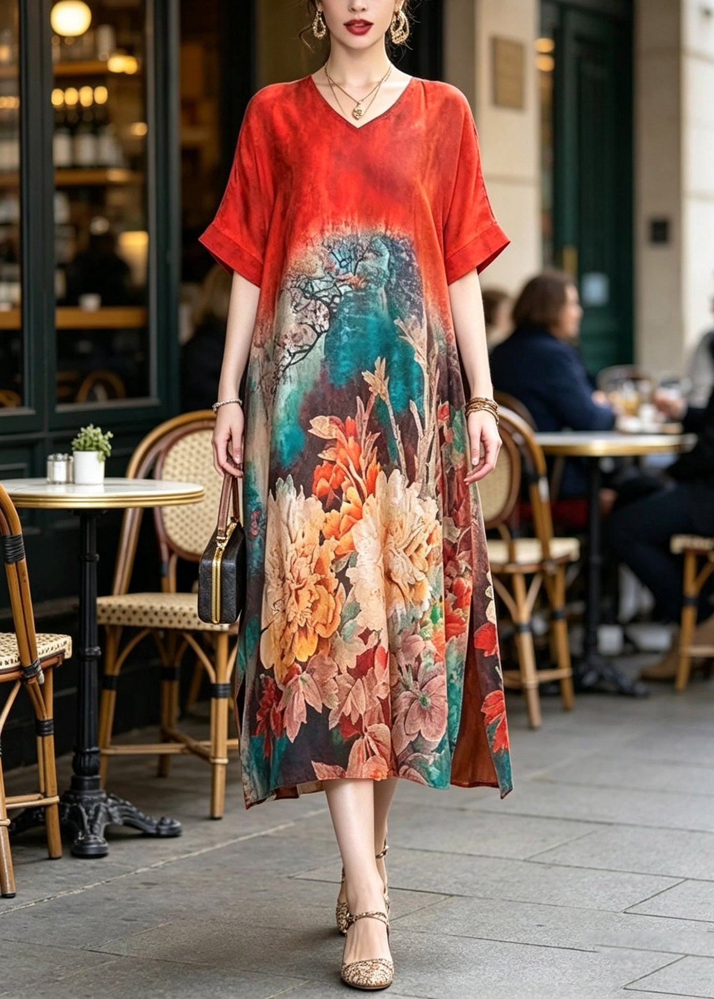 Red Print Silk Maxi Dresses Short Sleeve
