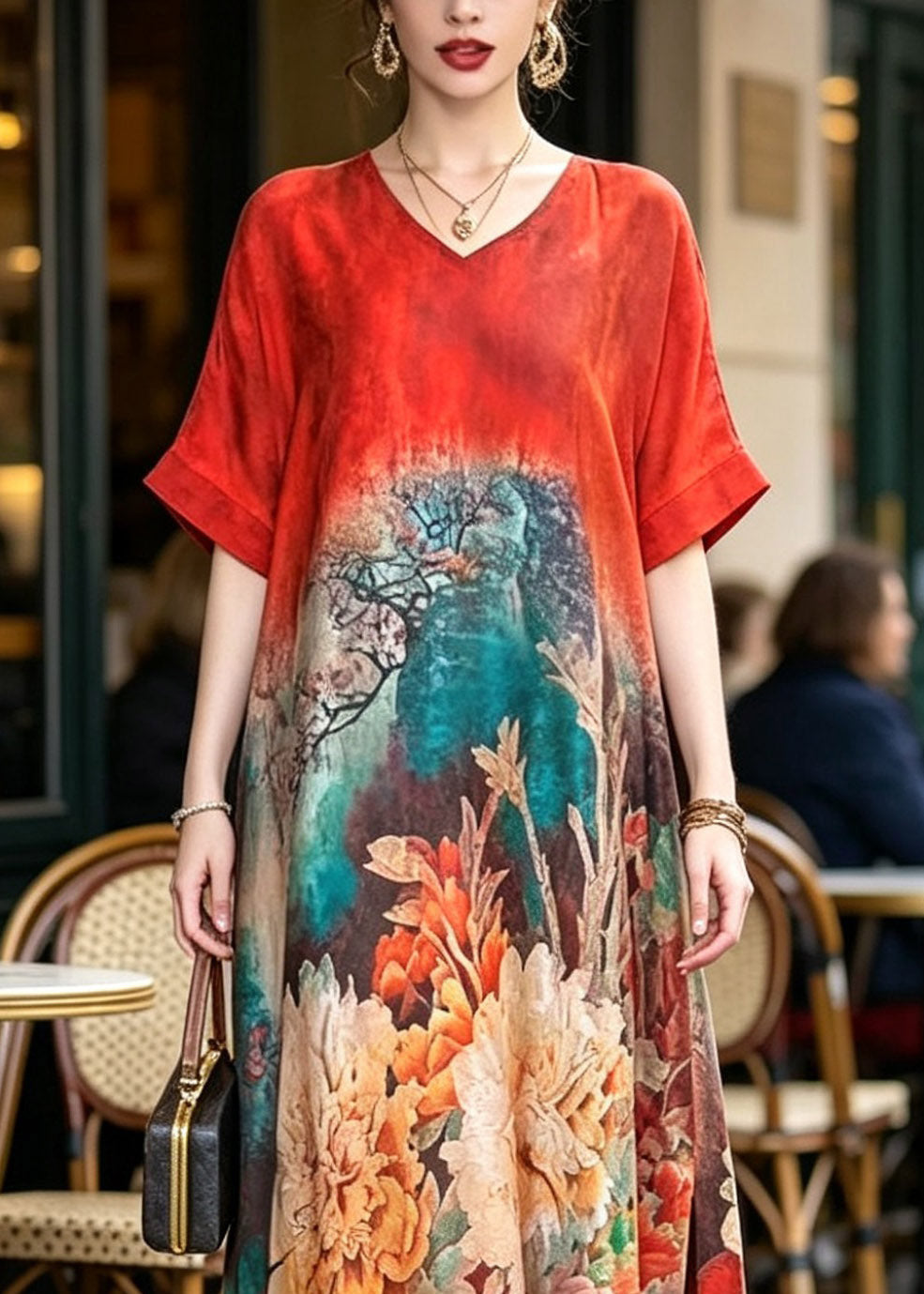 Red Print Silk Maxi Dresses Short Sleeve