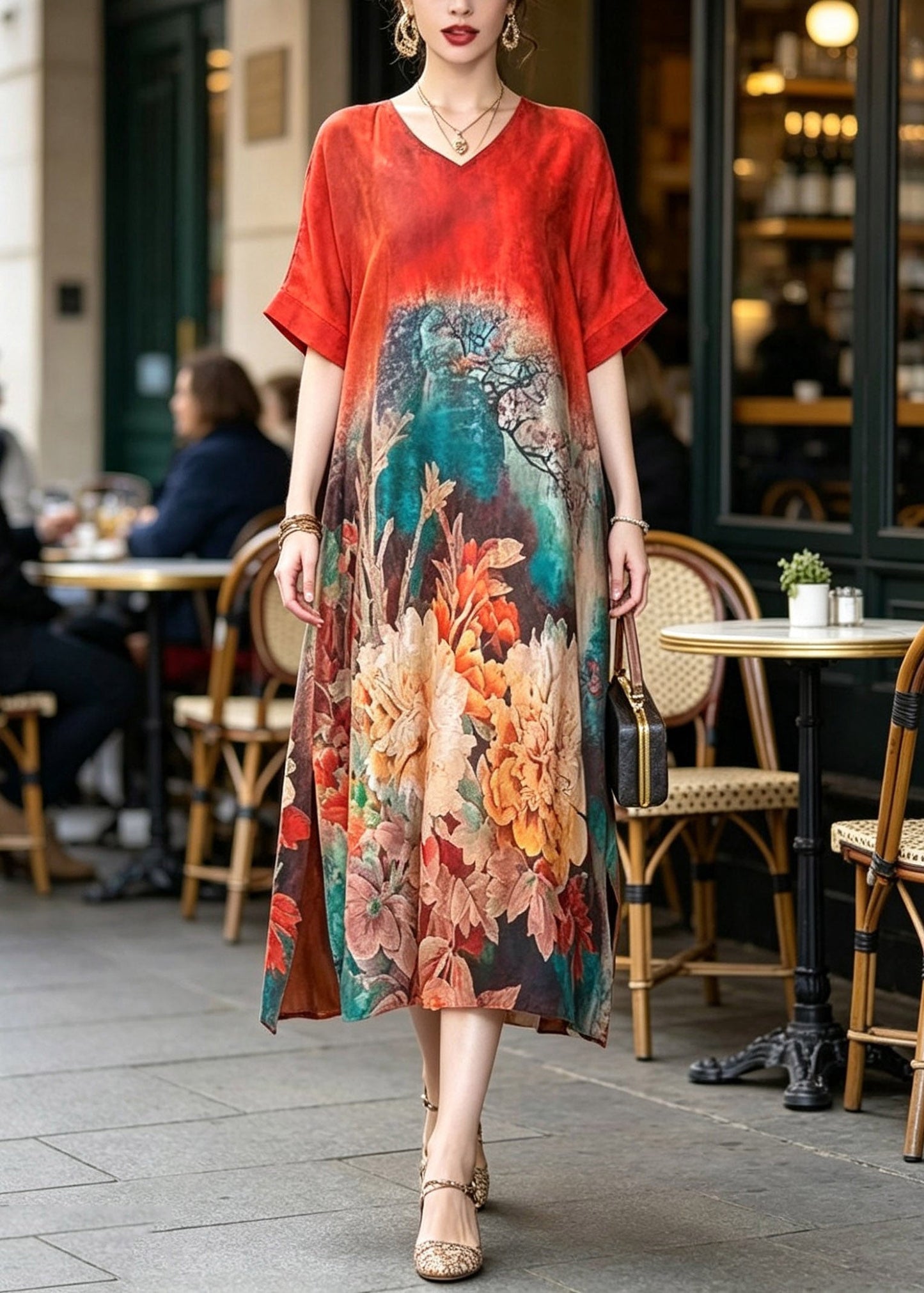 Red Print Silk Maxi Dresses Short Sleeve
