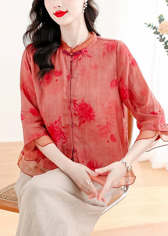Red Print Tops and Pants Linen Two Pieces Set Summer
