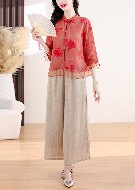 Red Print Tops and Pants Linen Two Pieces Set Summer