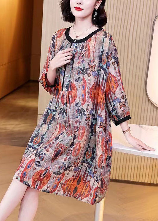 Red Print Wrinkled Patchwork Linen Mid Dress Summer