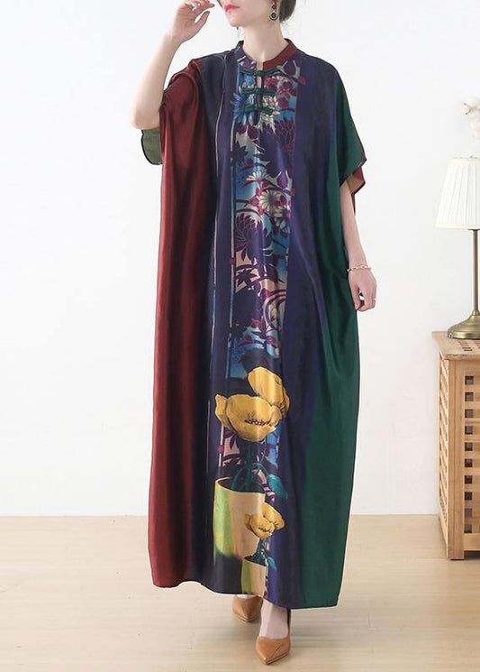 Red Purple Green Print Batwing Sleeve Mid Summer Chiffon Dress