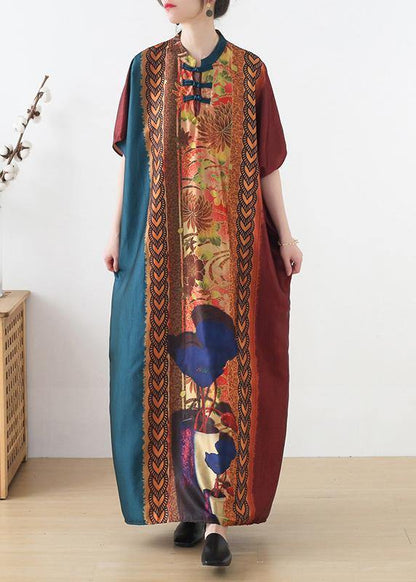 Red Purple Green Print Batwing Sleeve Mid Summer Chiffon Dress