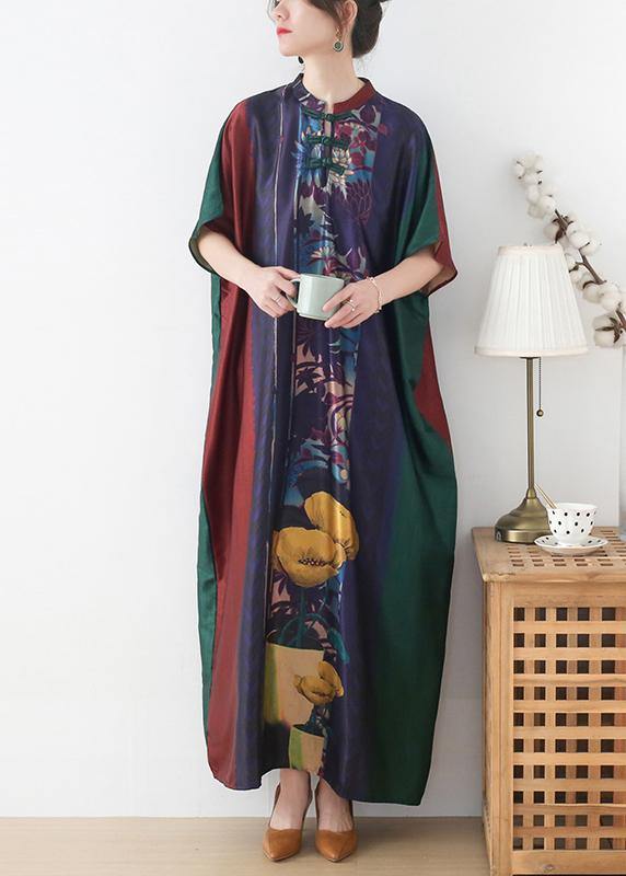 Red Purple Green Print Batwing Sleeve Mid Summer Chiffon Dress
