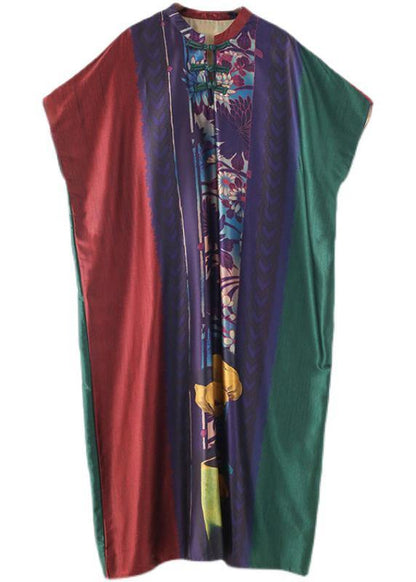 Red Purple Green Print Batwing Sleeve Mid Summer Chiffon Dress