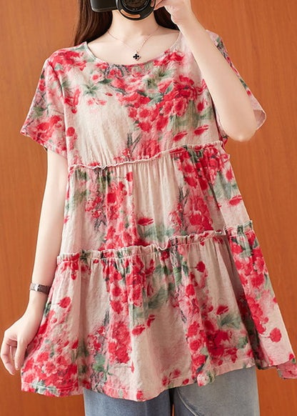 Red Ruffled Print Cotton a Line Top Short Sleeve