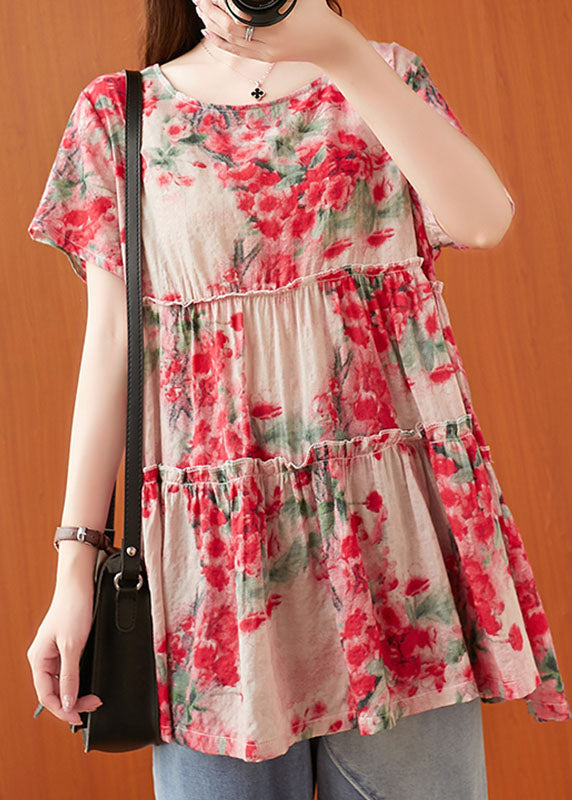 Red Ruffled Print Cotton a Line Top Short Sleeve