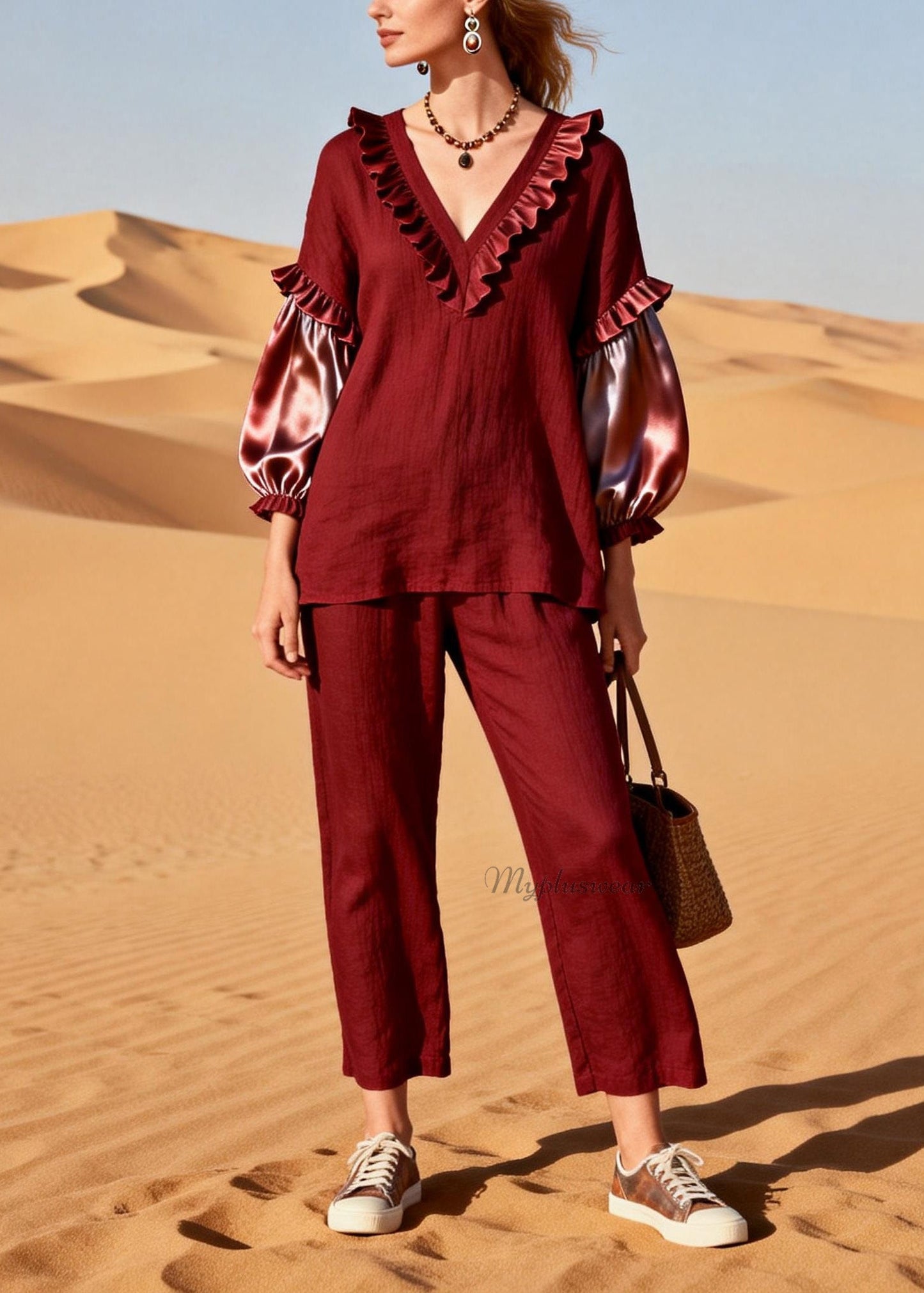 Red Ruffled Silk Patchwork Linen Two Pieces Set Spring