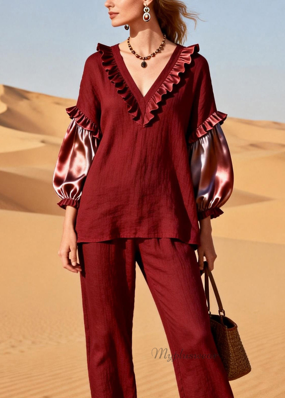 Red Ruffled Silk Patchwork Linen Two Pieces Set Spring