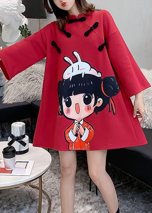 Red Stand Collar Print Warm Fleece Mid Dress Fall