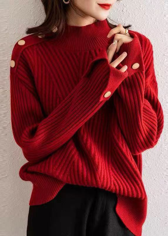 Red Stand Collar Thick Patchwork Knit Pullover Fall