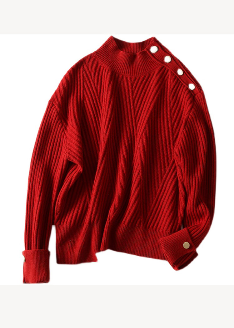 Red Stand Collar Thick Patchwork Knit Pullover Fall