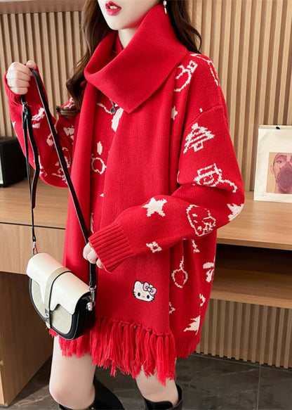 Red Thick Print Cotton Knit Sweater Long Sleeve