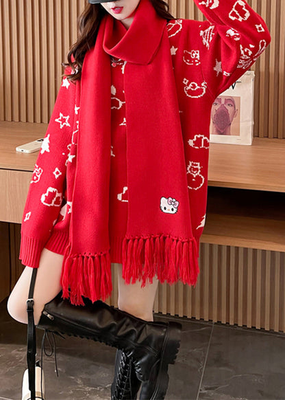 Red Thick Print Cotton Knit Sweater Long Sleeve