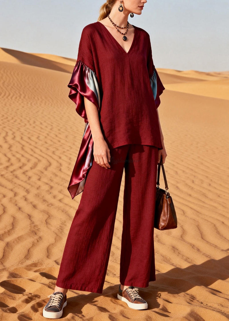 Red V Neck Patchwork Linen Silk Two Pieces Set Summer