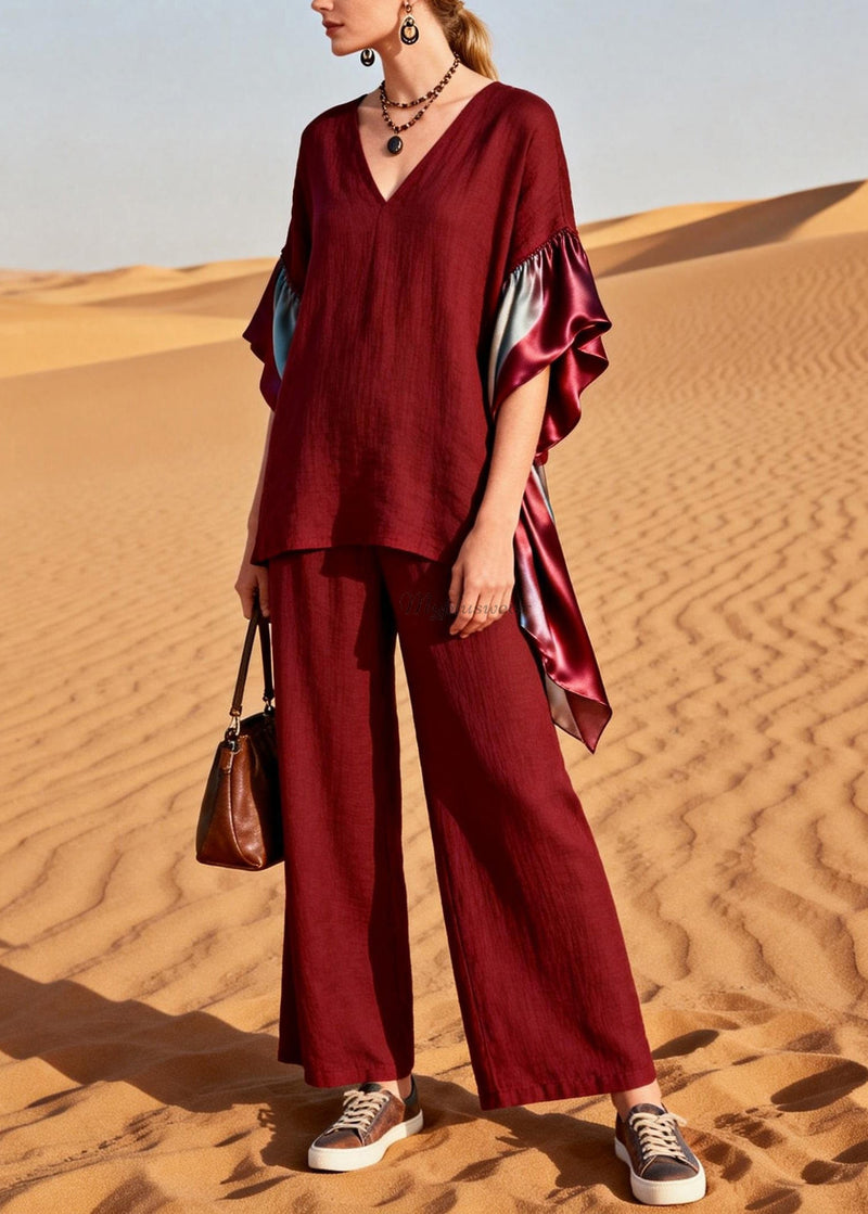 Red V Neck Patchwork Linen Silk Two Pieces Set Summer