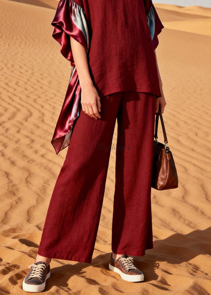 Red V Neck Patchwork Linen Silk Two Pieces Set Summer