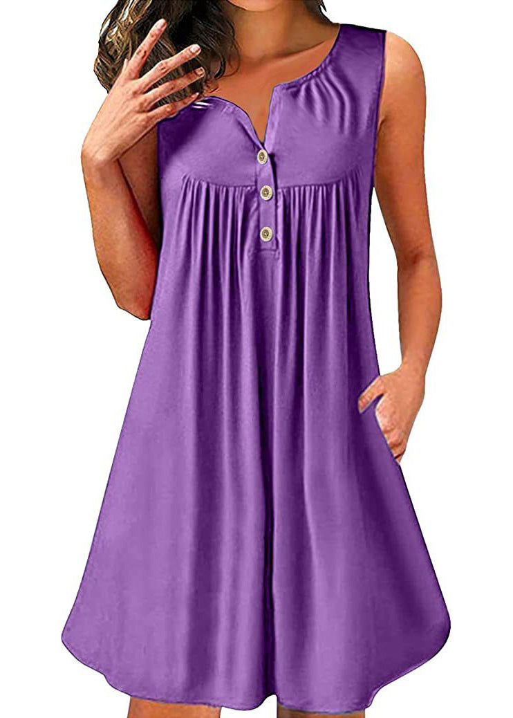 Red V Neck Wrinkled Cotton Mid Dress Sleeveless