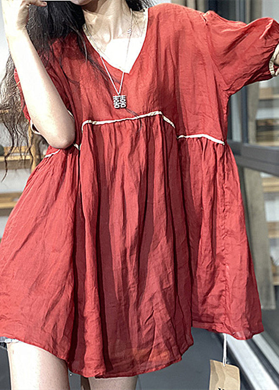Red Wrinkled Patchwork Mid Dress Summer