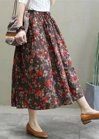 Red Elastic Waist Print Cotton Skirts Spring