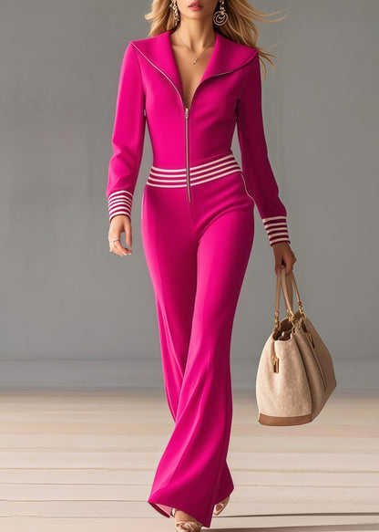 Rose Peter Pan Collar Patchwork Striped Chiffon Jumpsuit Spring