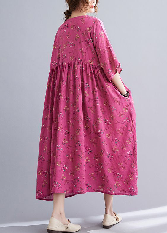 Rose Print Pockets Cotton Long Dresses Summer