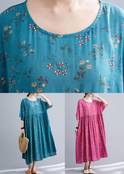 Rose Print Pockets Cotton Long Dresses Summer