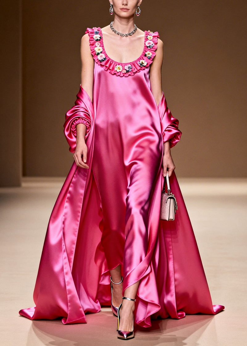 Rose U Neck Exra Large Hem Silk Long Dress Summer