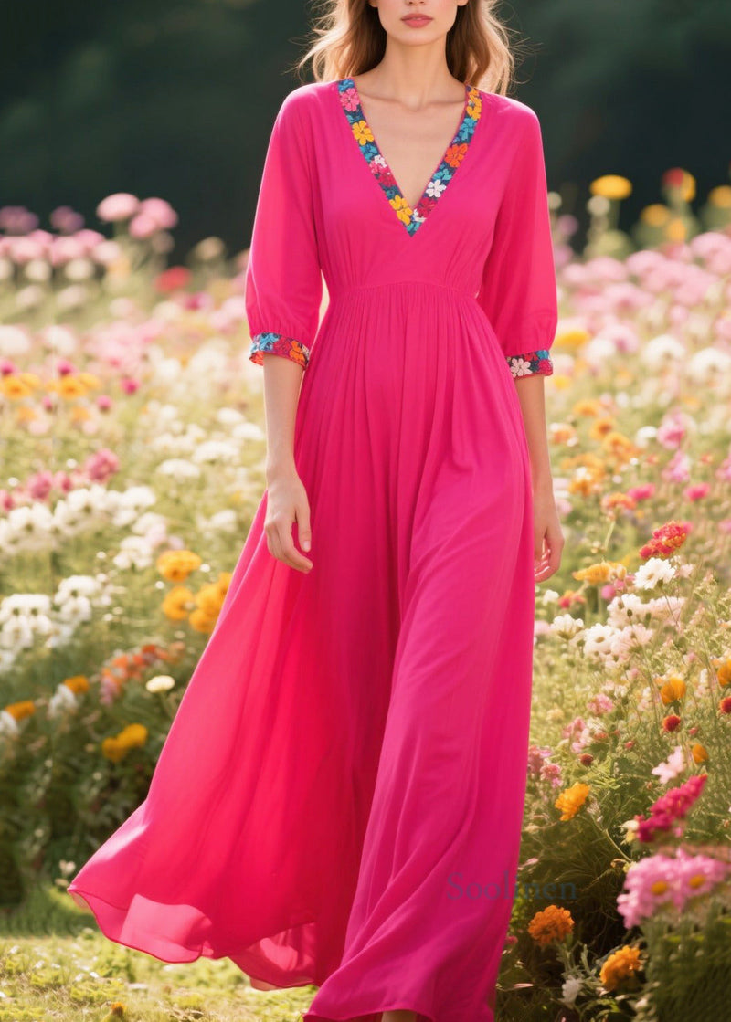 Rose V Neck Patchwork Cotton Party Dress Summer