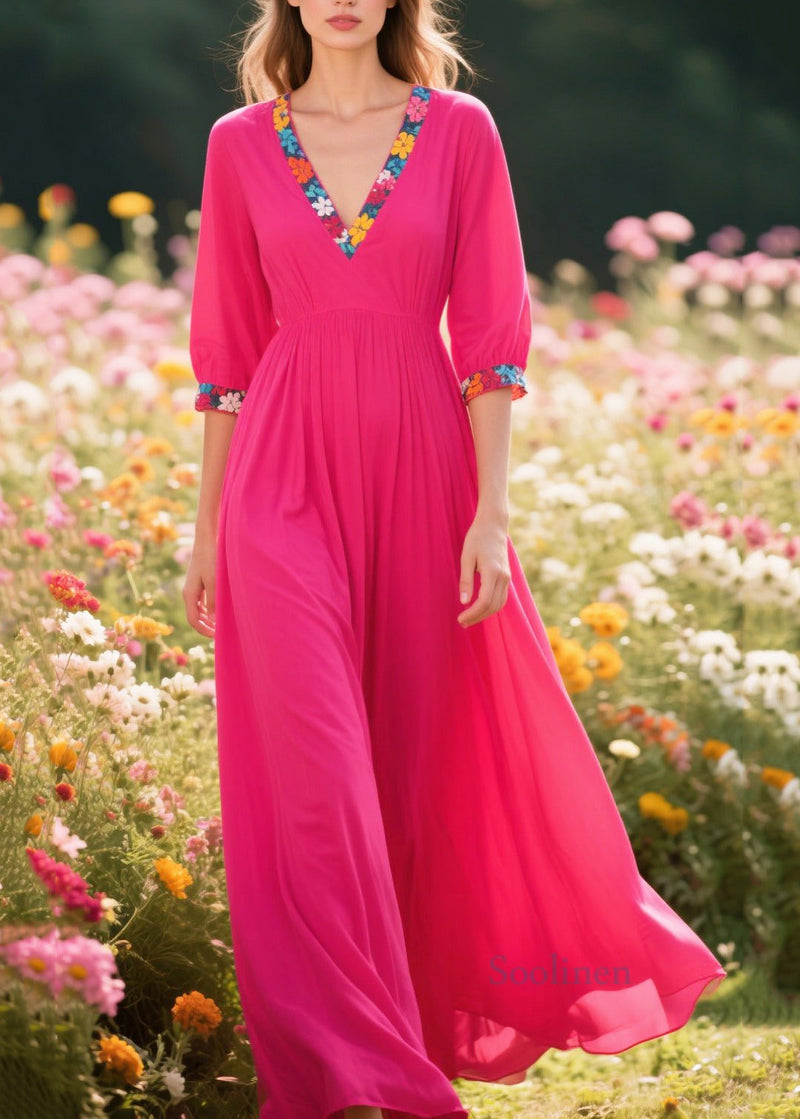 Rose V Neck Patchwork Cotton Party Dress Summer