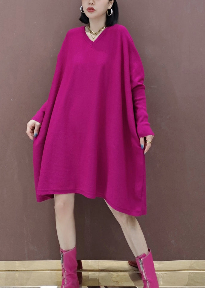 Rose V Neck Patchwork Knit Mid Dresses Batwing Sleeve