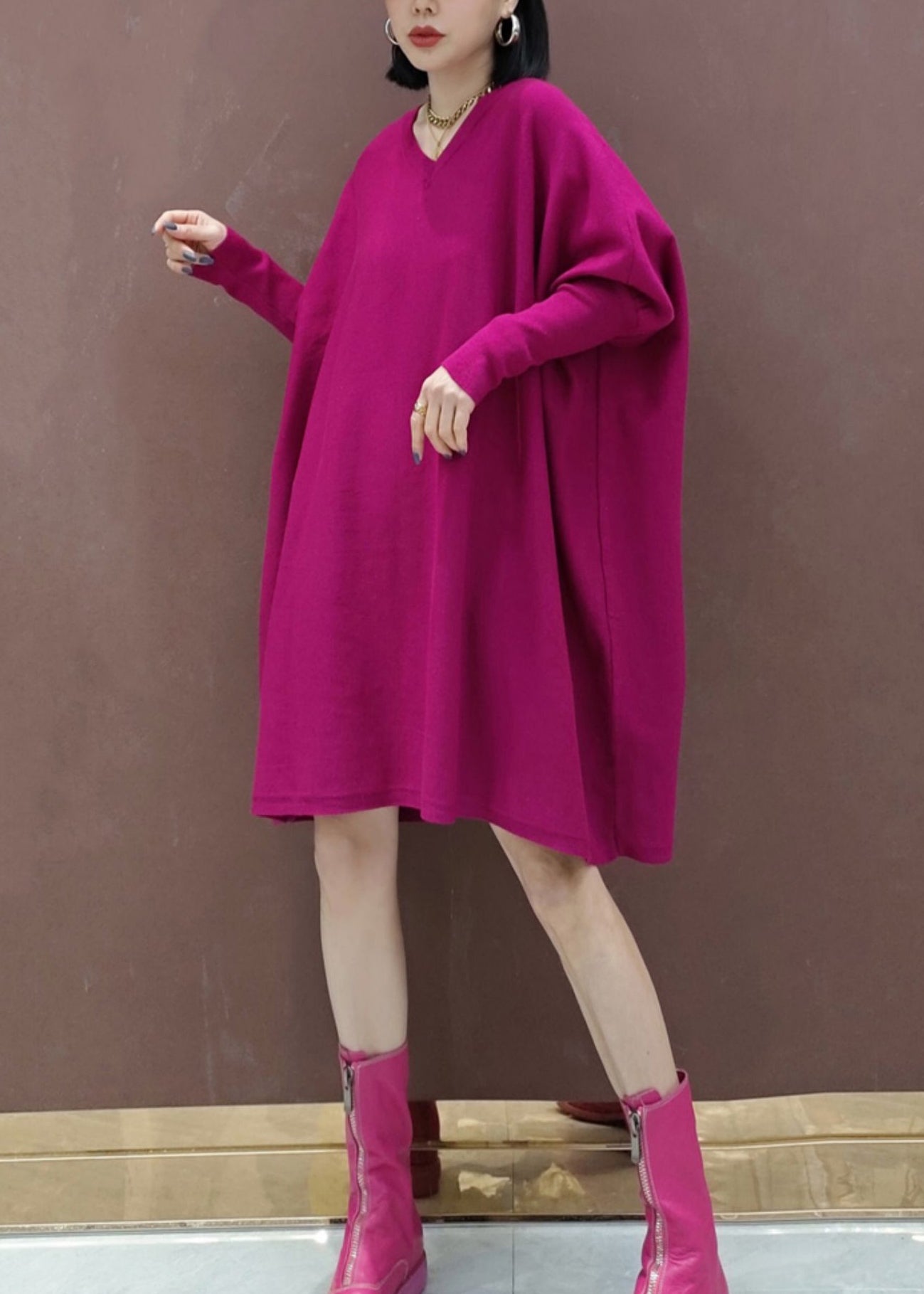 Rose V Neck Patchwork Knit Mid Dresses Batwing Sleeve