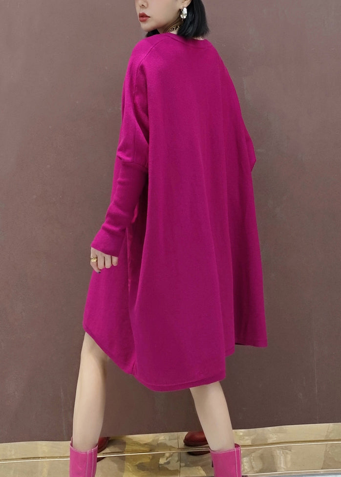 Rose V Neck Patchwork Knit Mid Dresses Batwing Sleeve