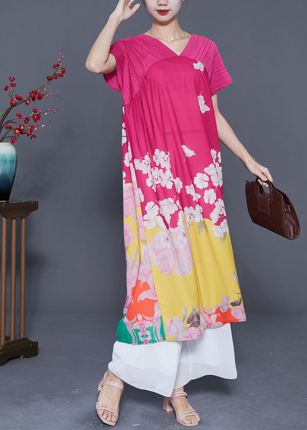 Rose V Neck Patchwork Print Silk Beach Dress Summer