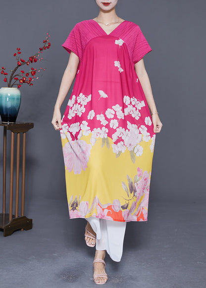 Rose V Neck Patchwork Print Silk Beach Dress Summer