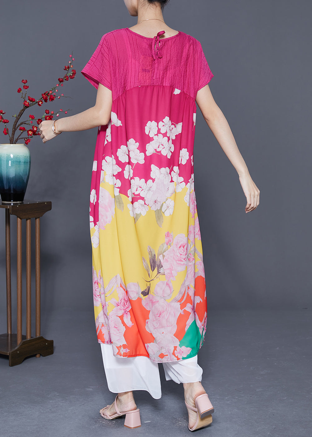 Rose V Neck Patchwork Print Silk Beach Dress Summer