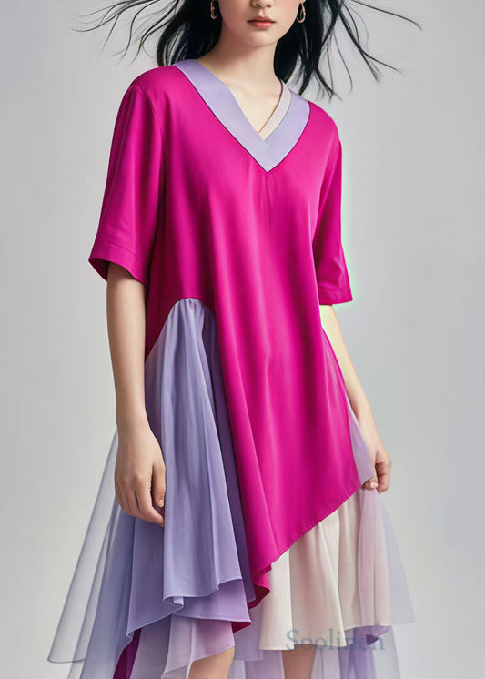 Rose V Neck Patchwork Tulle Cotton Mid Dress Summer