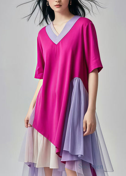 Rose V Neck Patchwork Tulle Cotton Mid Dress Summer