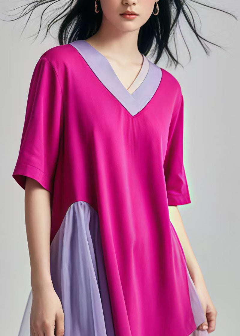 Rose V Neck Patchwork Tulle Cotton Mid Dress Summer