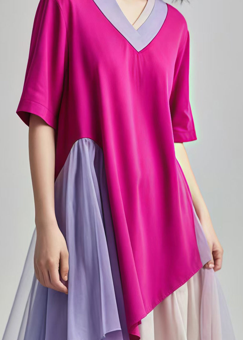 Rose V Neck Patchwork Tulle Cotton Mid Dress Summer
