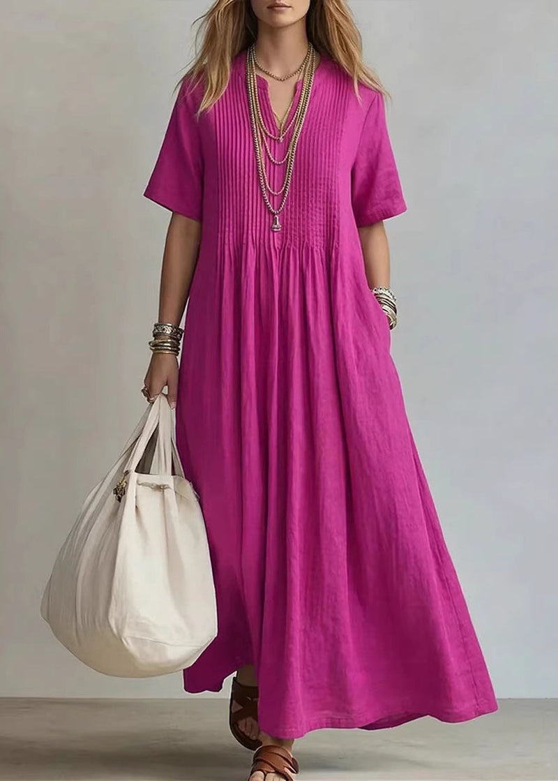 Rose V Neck Pockets Cotton Long Dress Summer