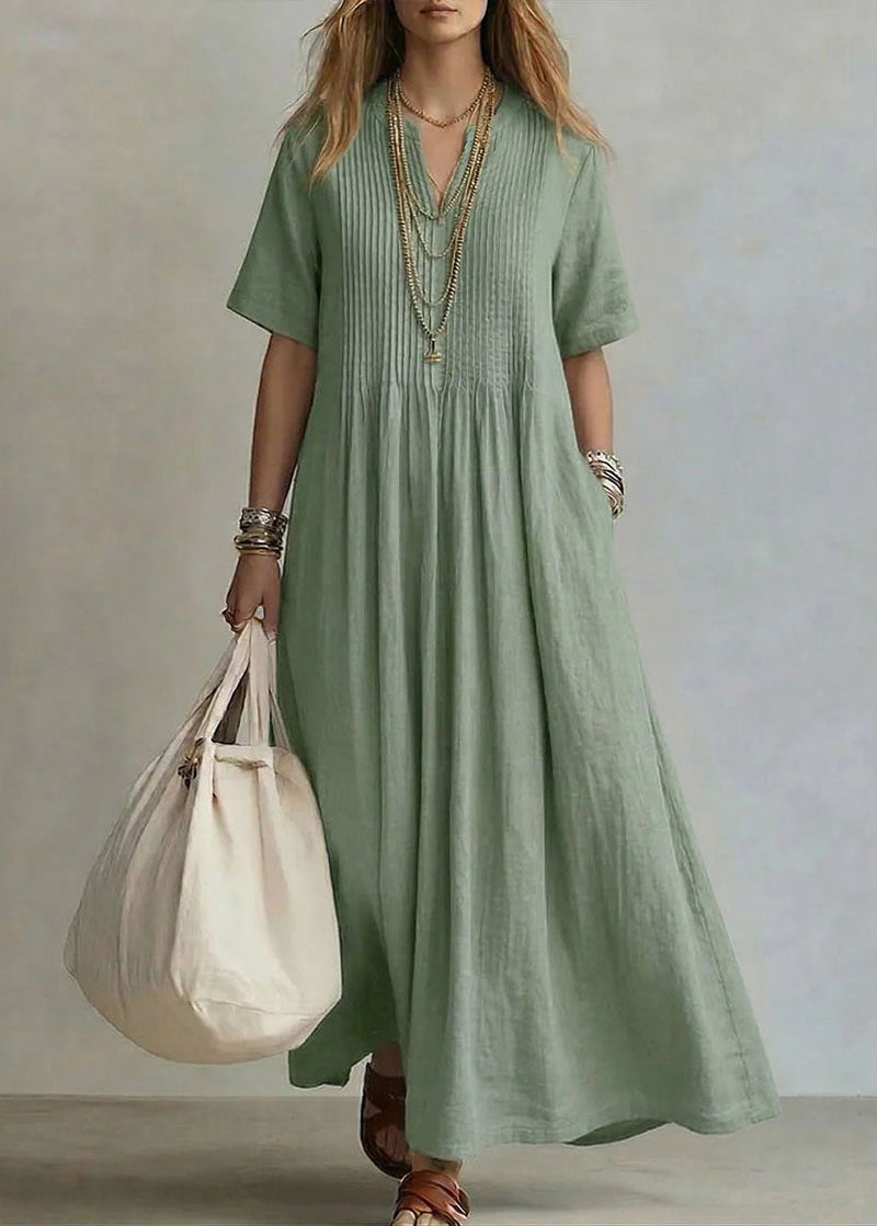 Rose V Neck Pockets Cotton Long Dress Summer